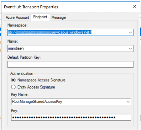 Sample namespace, name, partition key, and authentication properties in the Event Hub adapter send port endpoint properties in BizTalk Server
