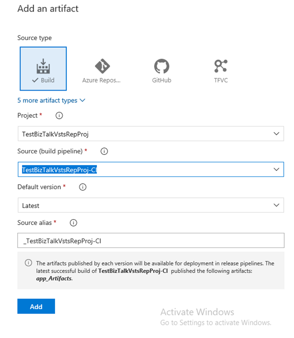 Add an artifact to the pipeline, and choose your project and build definition for Azure DevOps in the Visual Studio BizTalk Server project.