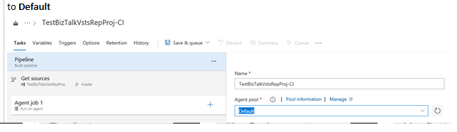 Select the default queue for the agent pool in Azure DevOps and BizTalk Server.