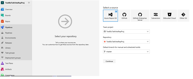 Select Azure repos git to host your new pipeline in BizTalk Server.