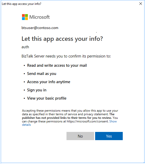Office 365 adapter mail permissions in BizTalk Server