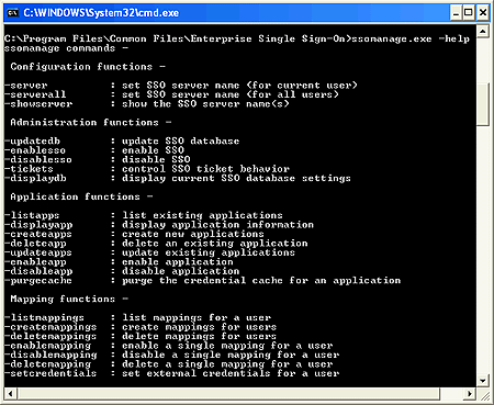 Screenshot of a Windows system command window showing a list of Enterprise Single Sign-On commands with syntax and descriptions.