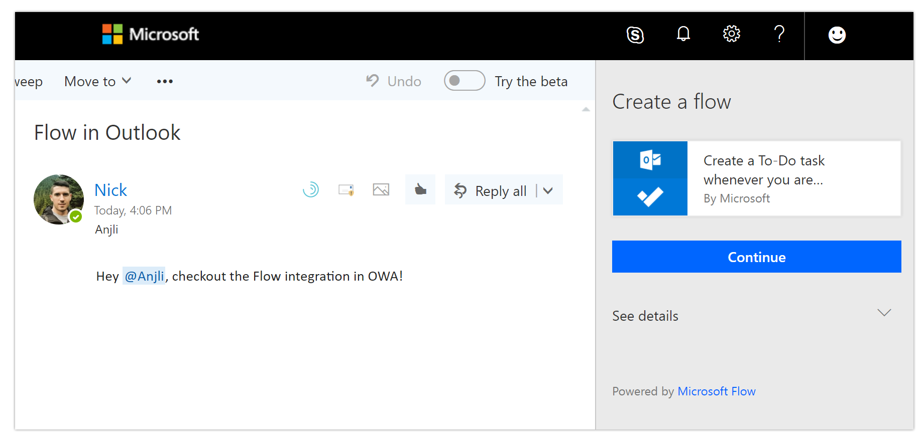 A screenshot of flow creation in the Outlook web app