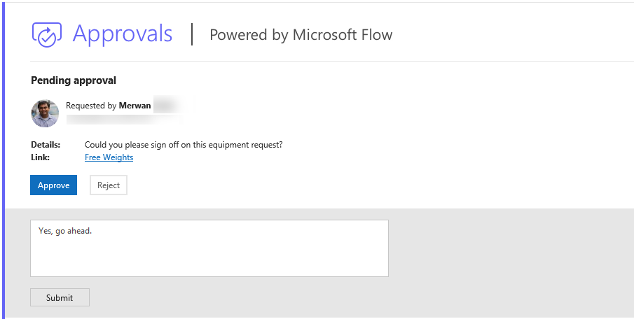 A screenshot with an actionable response from an approver, powered by Microsoft Flow