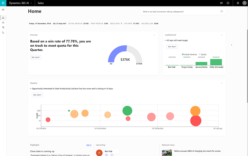 Dynamics 365 Sales Insights: standalone experience homepage