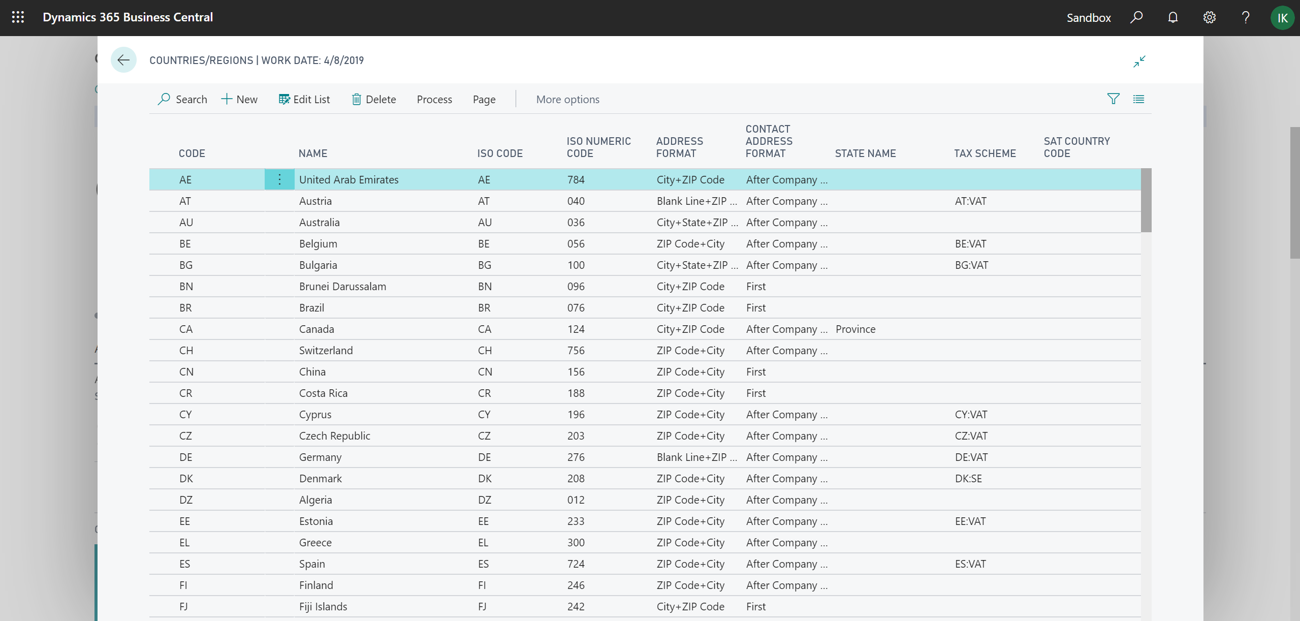 Showing countries/regions page with ISO codes filled in