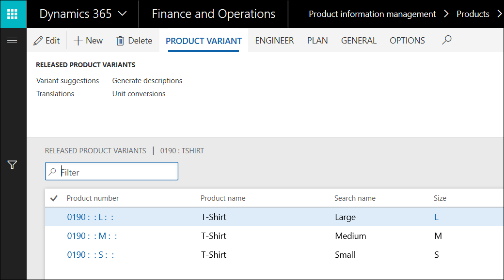 Released product variants page showing three t-shirt variants: Large, Medium, and Small