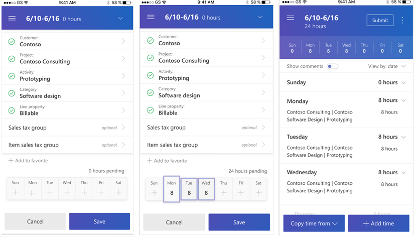 Three mobile screenshots that show how to create a timesheet for a work week