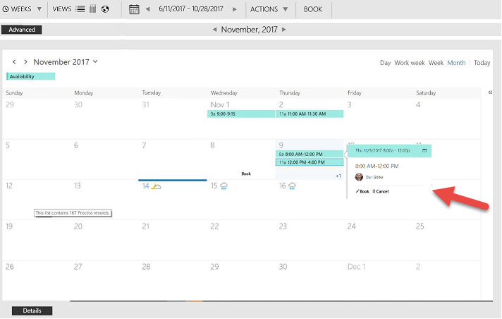 Wireframe of calendar in-form booking control using OWA UI