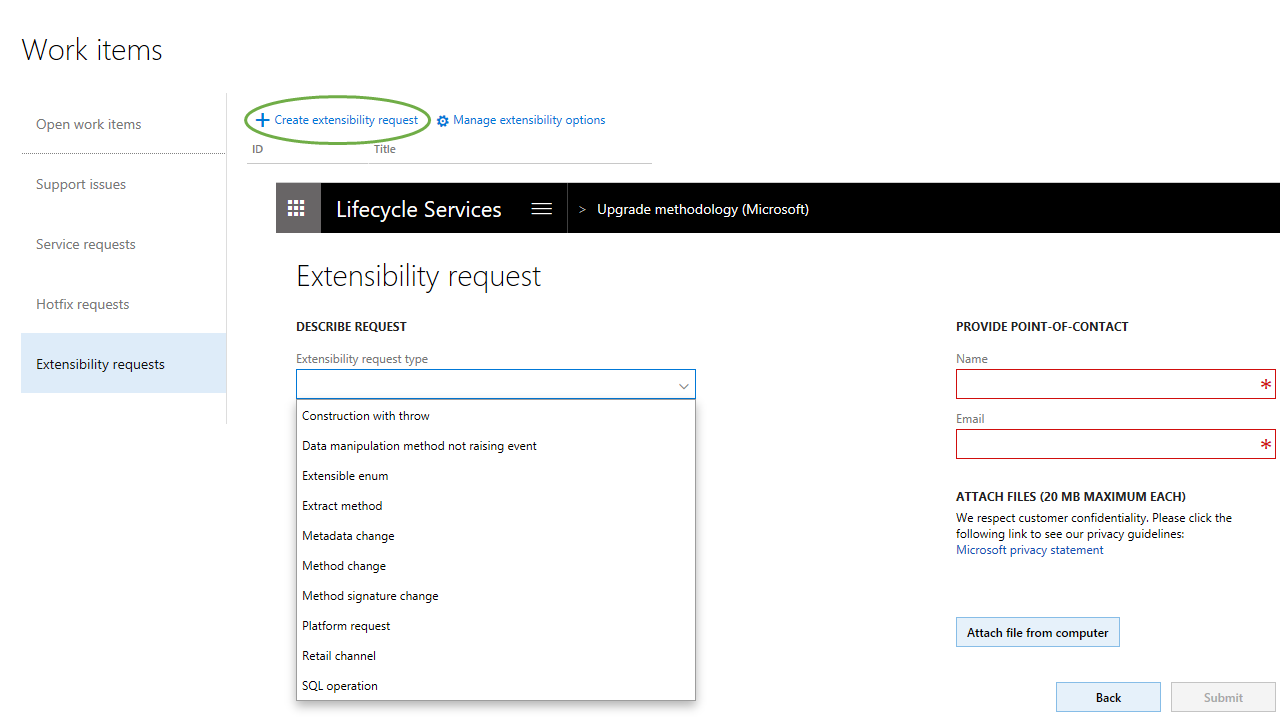 A screenshot showing an extensibility request, with the request type dropdown expanded