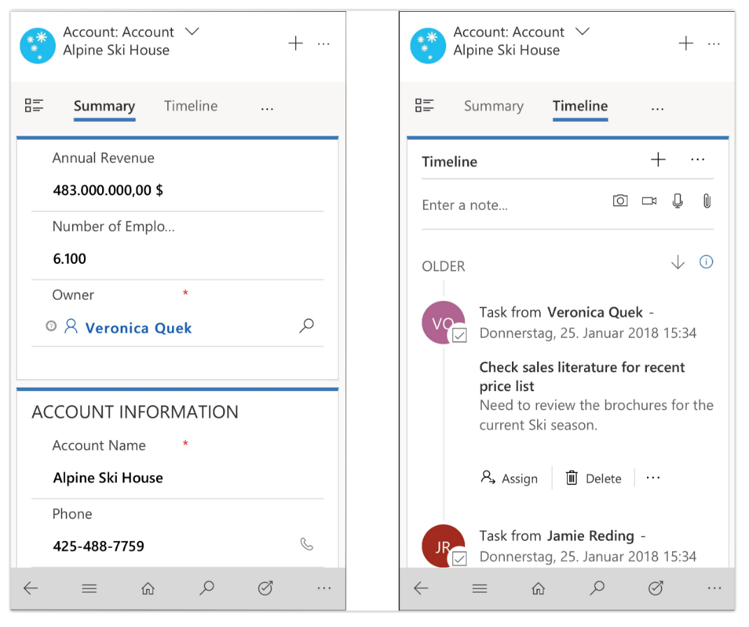 Two screenshots of the account form on a mobile device, showing summary and timeline tabs
