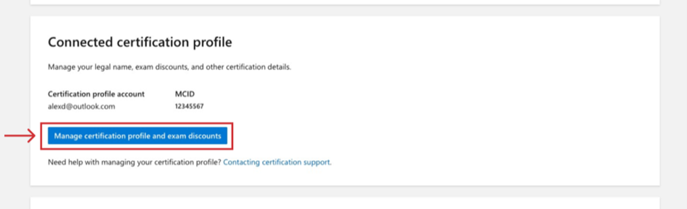 The Learn profile settings page at the Connected certification profile section. The highlighted button says Manage certification profile and exam discounts.