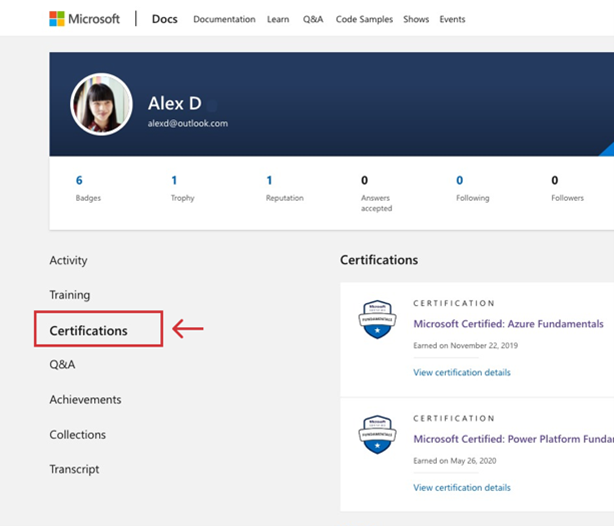 Microsoft Learn profile with Certifications tab highlighted in navigation.