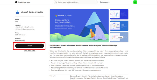 Install Clarity from Shopify store.