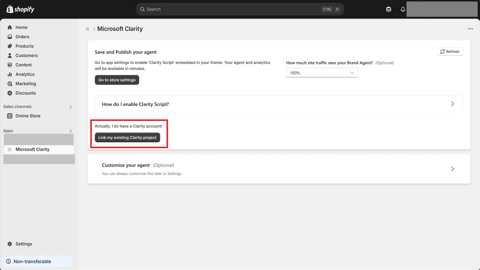 Link your existing Clarity project to Shopify.