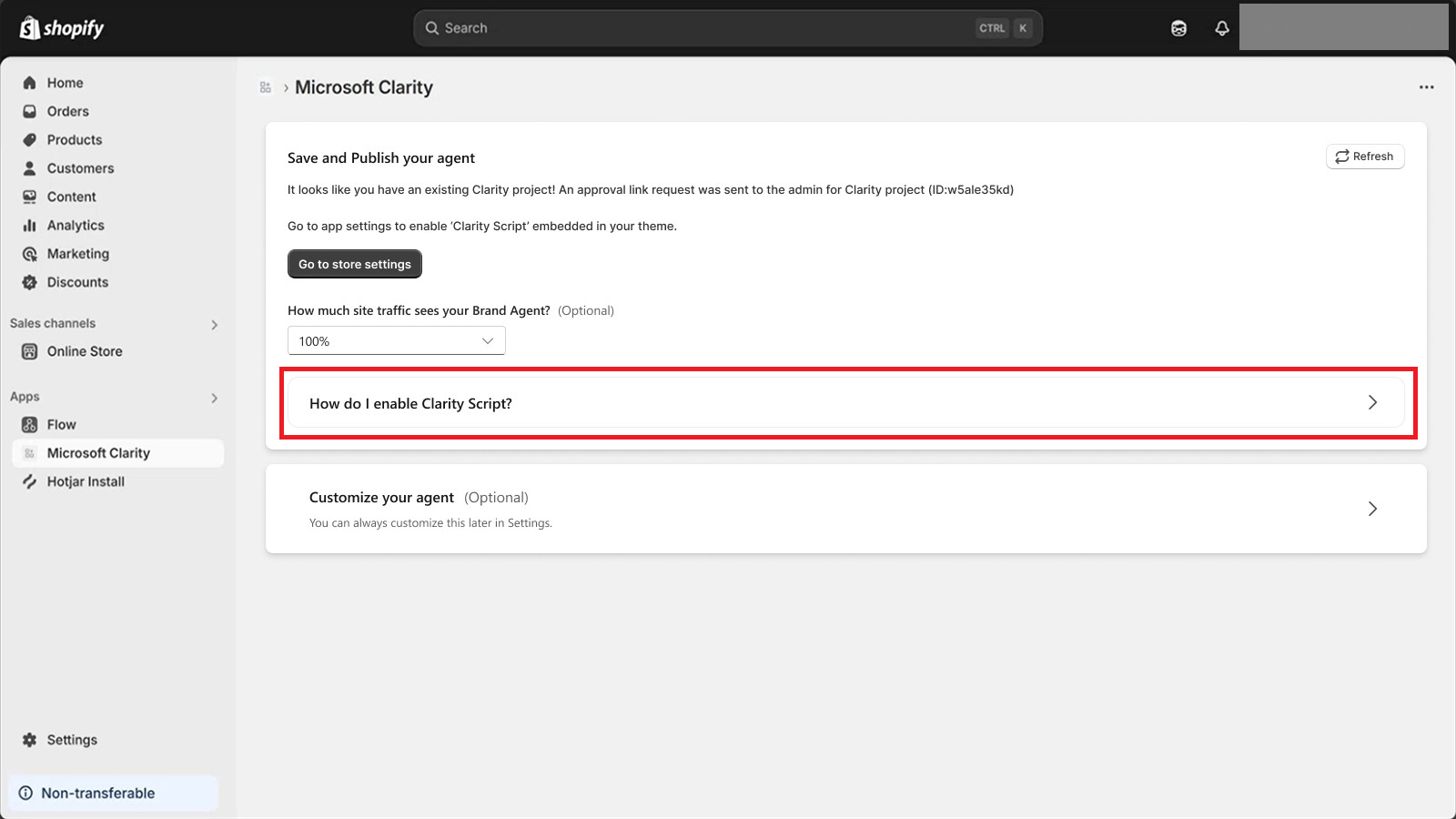 Enable the Clarity script for a new project in Shopify.
