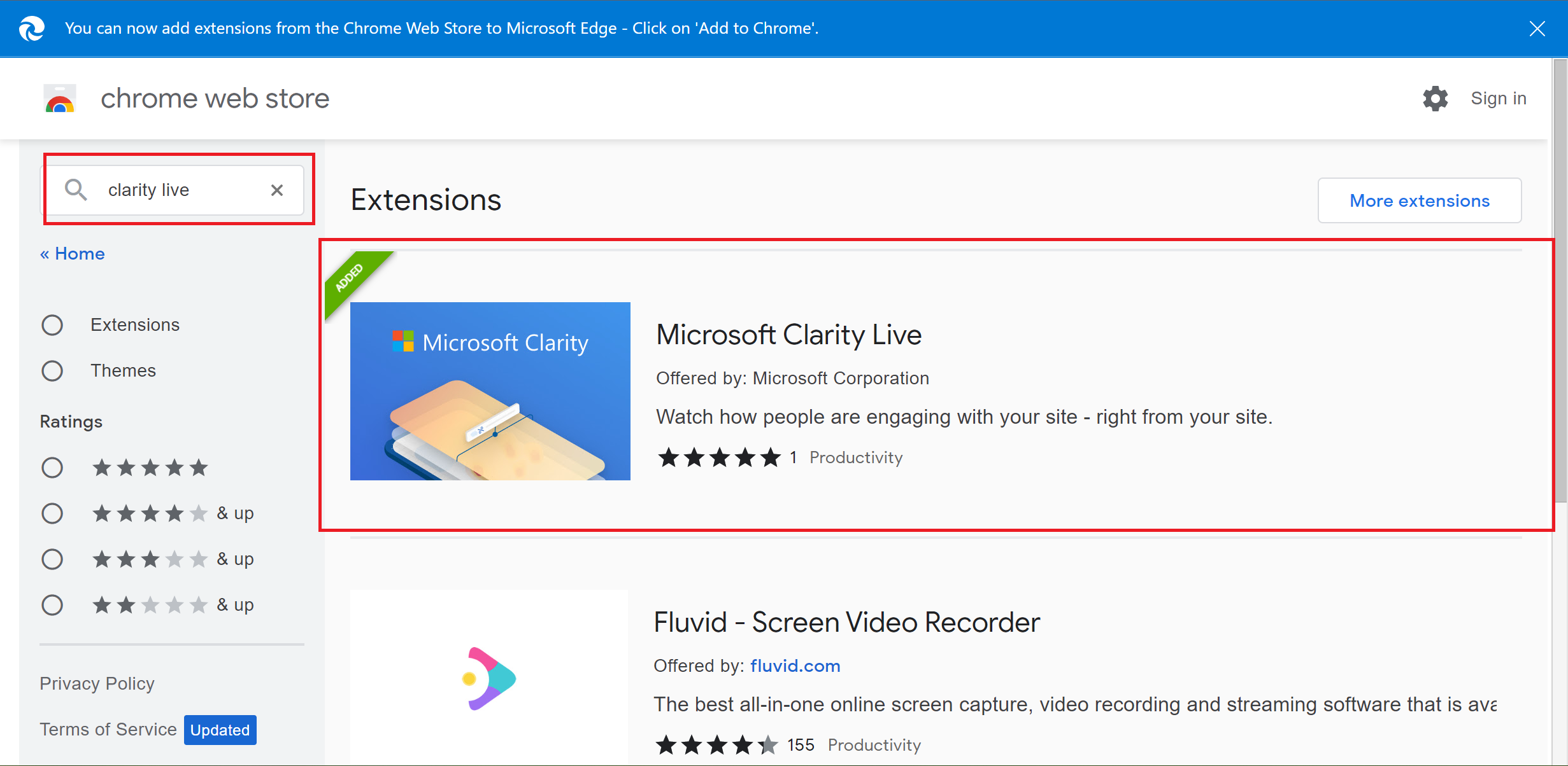 Select Clarity live extension in Google chrome web store extensions.