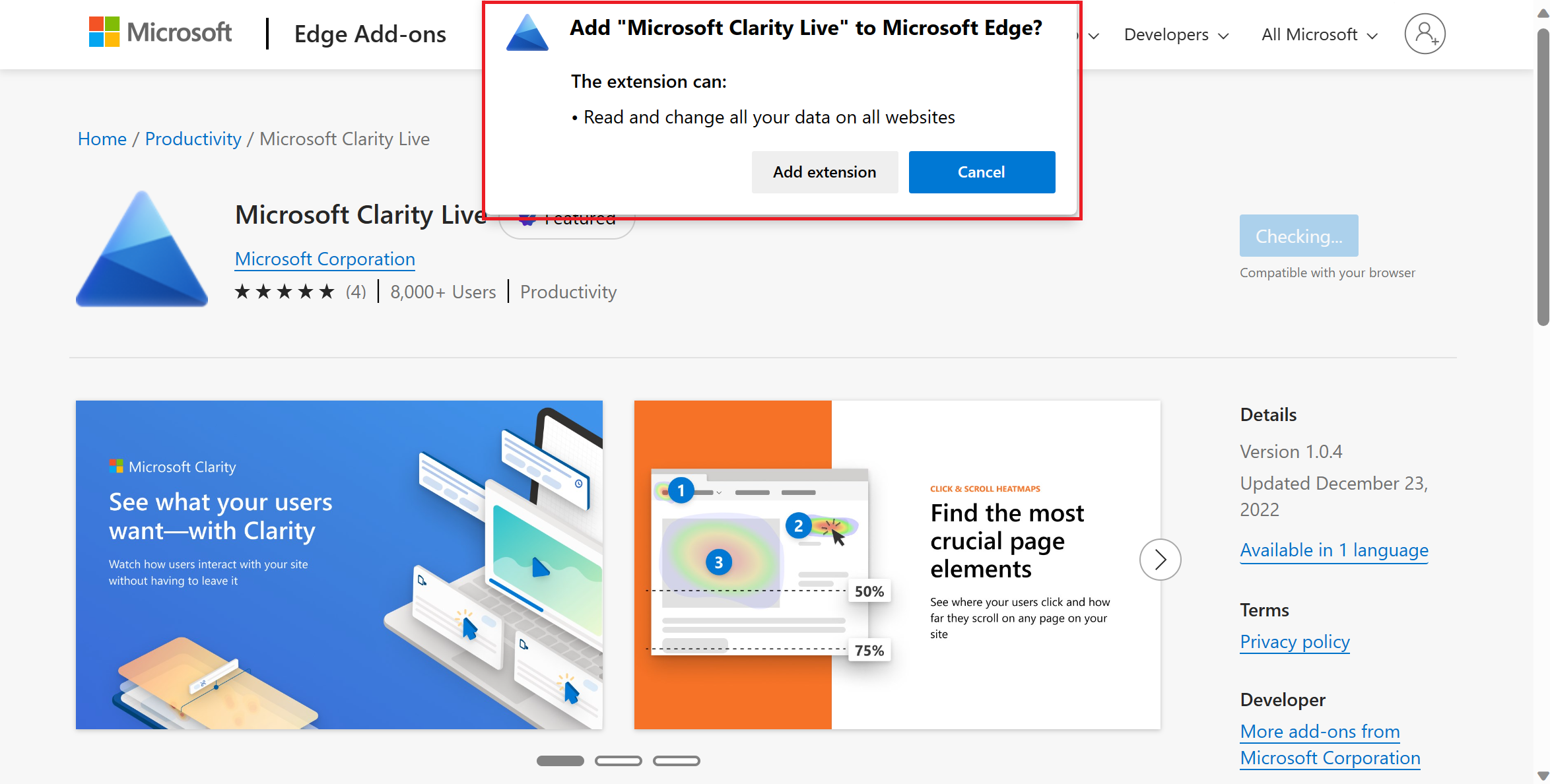 Confirm add extension on pop-up window in edge.