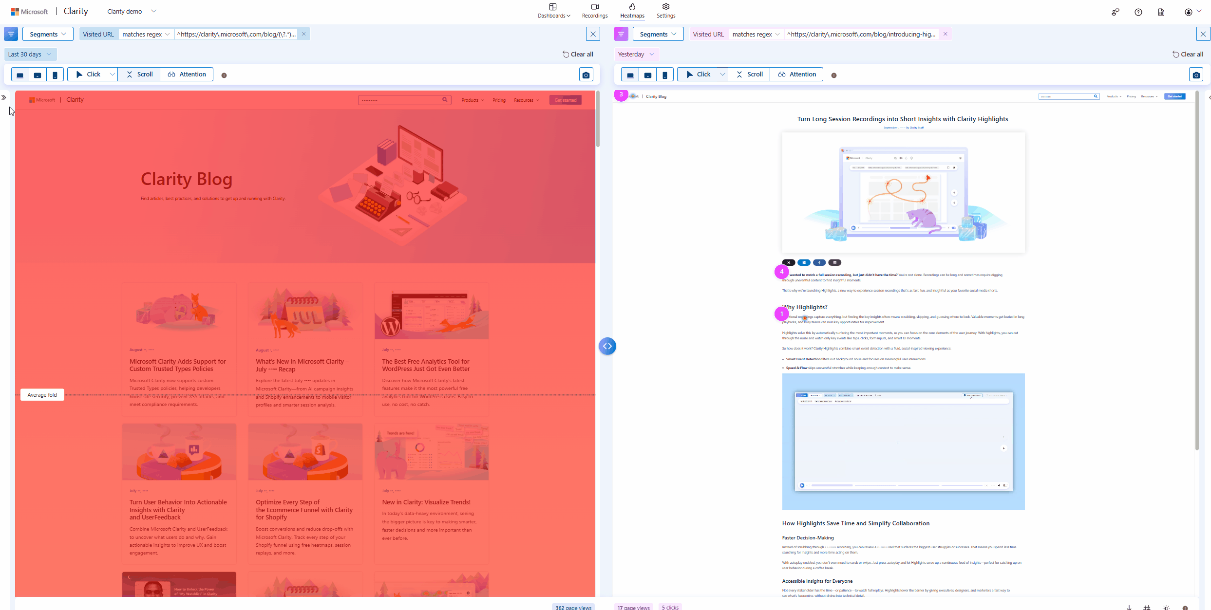 View scroll, area, or click data in Compare mode.