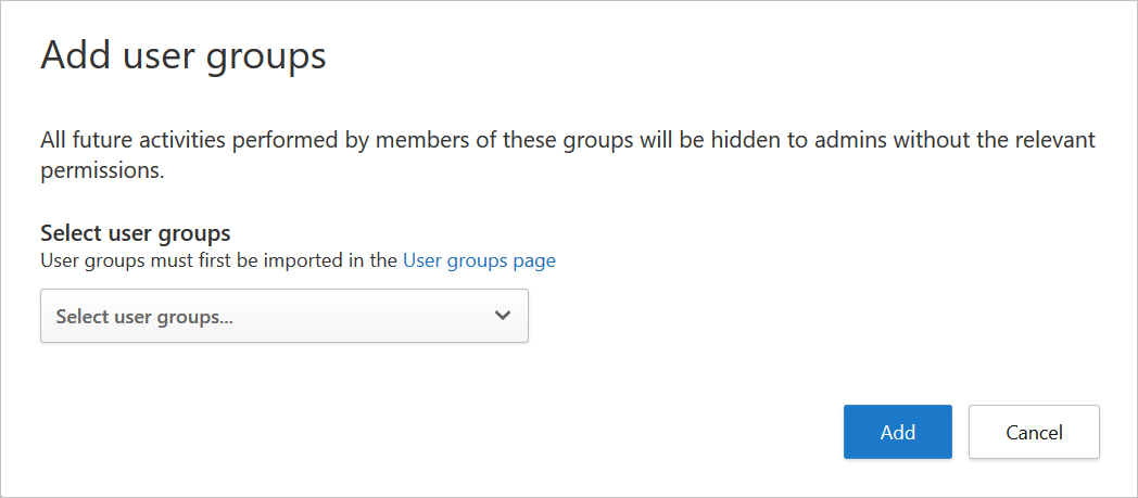 Screenshot of the Add user groups dialog for selecting groups to make private in Defender for Cloud Apps.