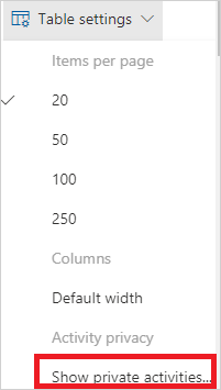 Screenshot of the Activity log settings control used to open privacy viewing settings.