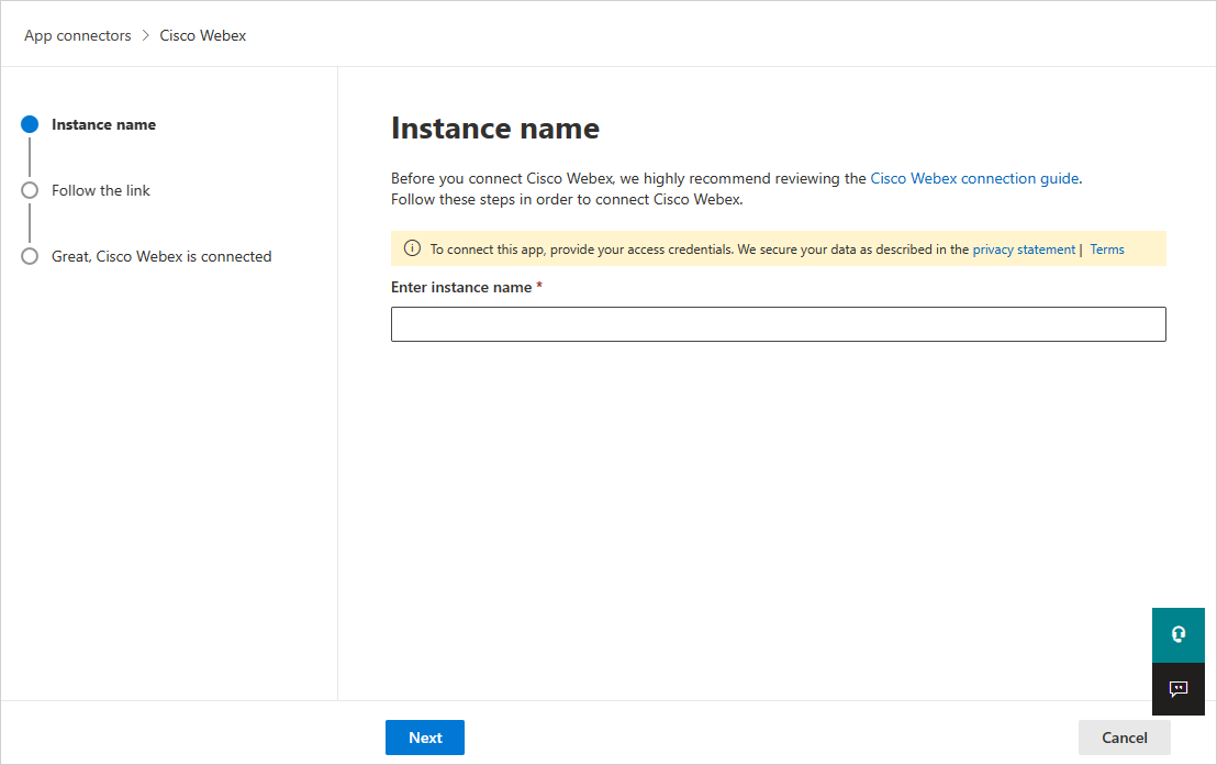 Screenshot of the Cisco Webex connector name and configuration dialog in Defender for Cloud Apps.