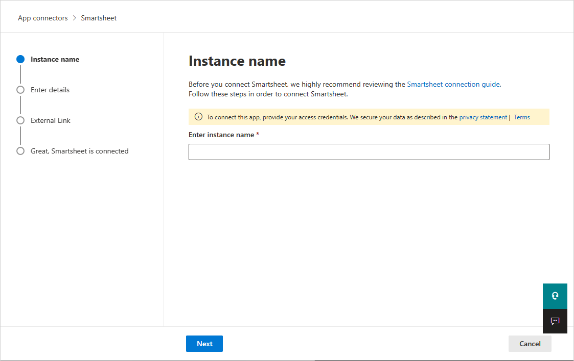 Screenshot of the app connector dialog with the Connect Smartsheet option selected.