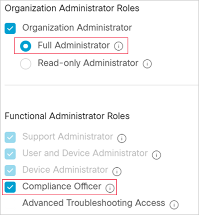 Screenshot of the prerequisite Full Administrator and Compliance Officer roles required in Webex.