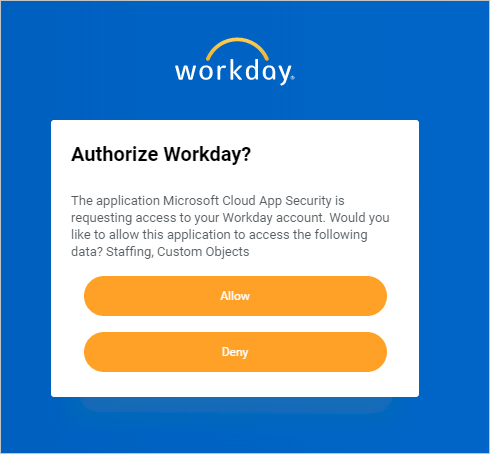 Screenshot of the Workday permission prompt asking to allow Defender for Cloud Apps access to the account.