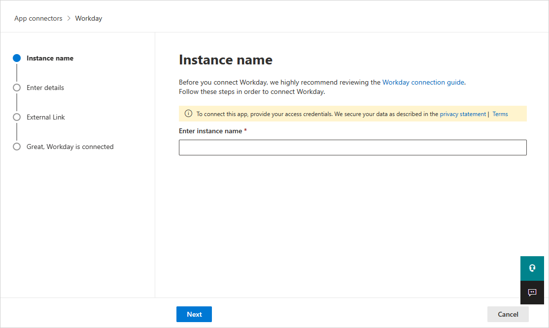 Screenshot of the Workday app connector setup page with the connector instance name field.