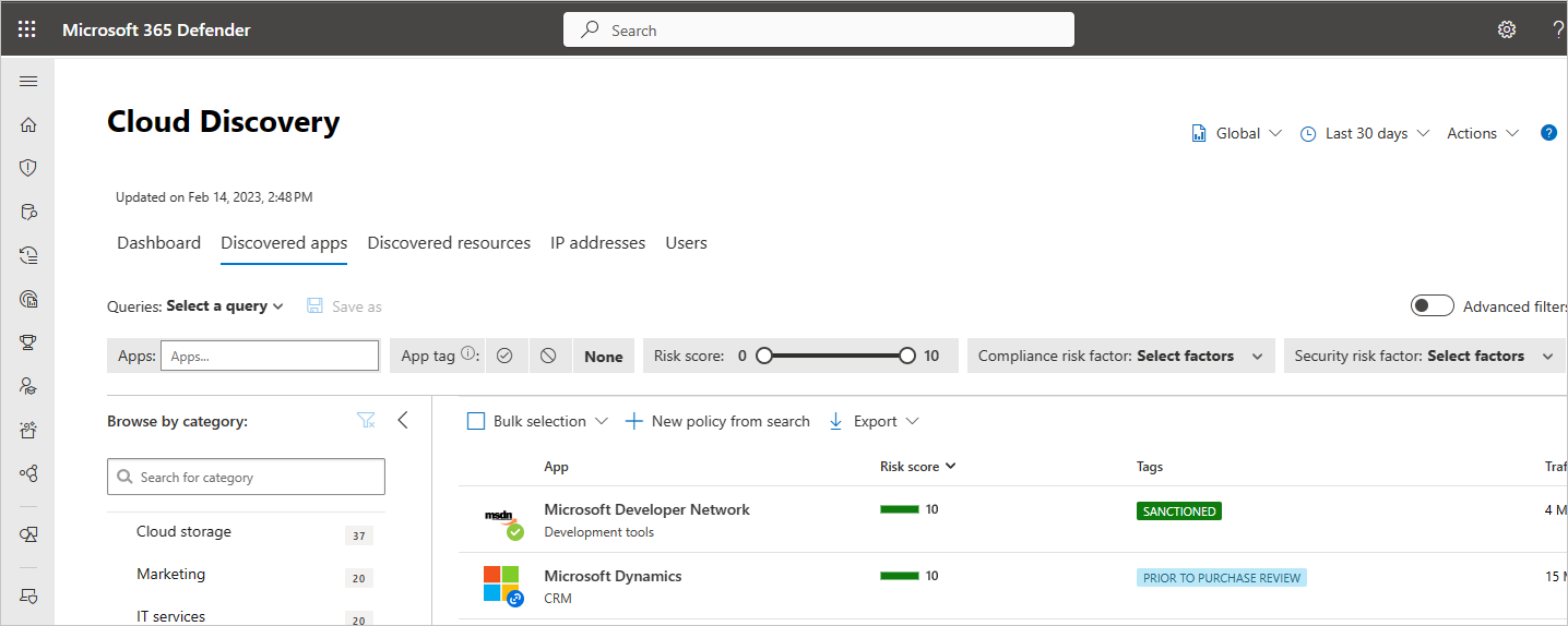 Screenshot of the discovered apps filter options in Microsoft Defender for Cloud Apps.