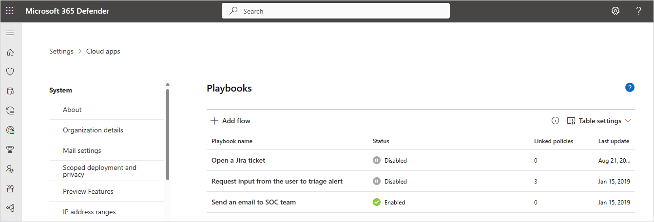 Screenshot of the Microsoft Defender Portal Settings, Cloud Apps, System, Playbooks page listing available playbooks.