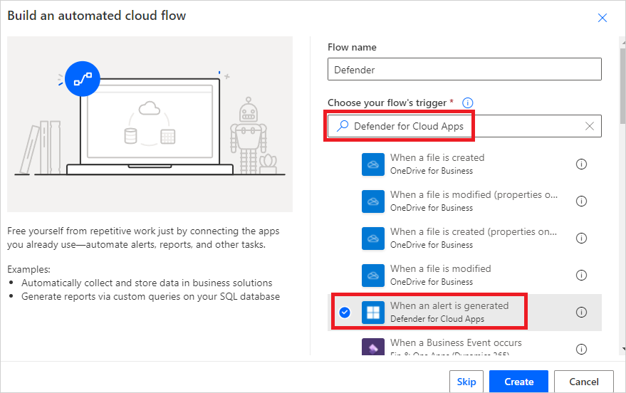 Screenshot of the Power Automate trigger configuration selecting When an alert is generated for Defender for Cloud Apps.