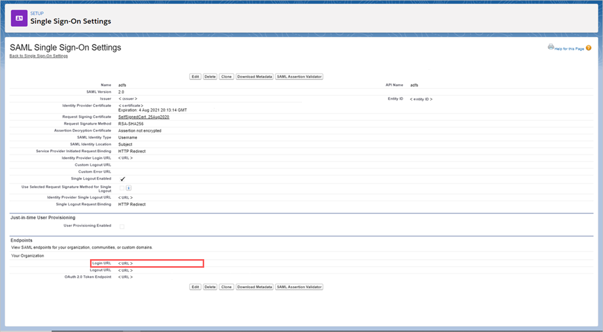 Screenshot of Salesforce SAML Single Sign-On settings page showing the Login URL to copy.