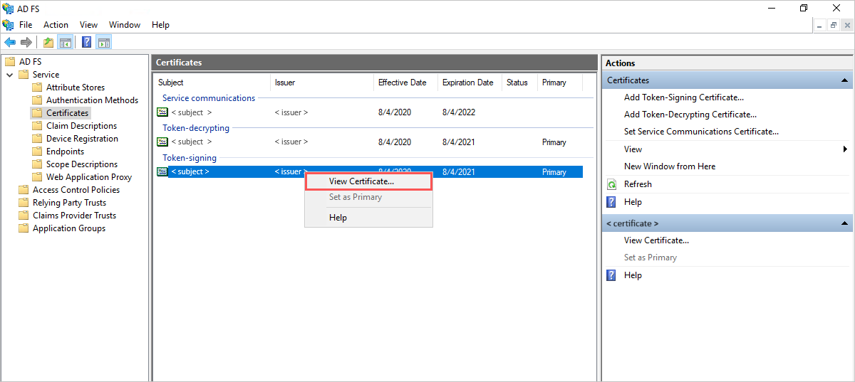 Screenshot of the identity provider signing certificate properties window in AD FS.
