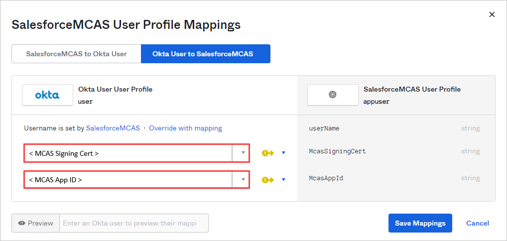 Screenshot of the Okta attribute mappings page showing mappings for McasSigningCert and McasAppId.