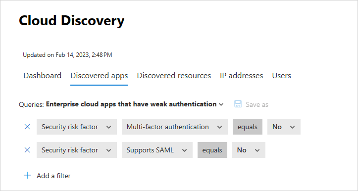 Screenshot of the suggested queries list for filtering discovered apps in Defender for Cloud Apps.