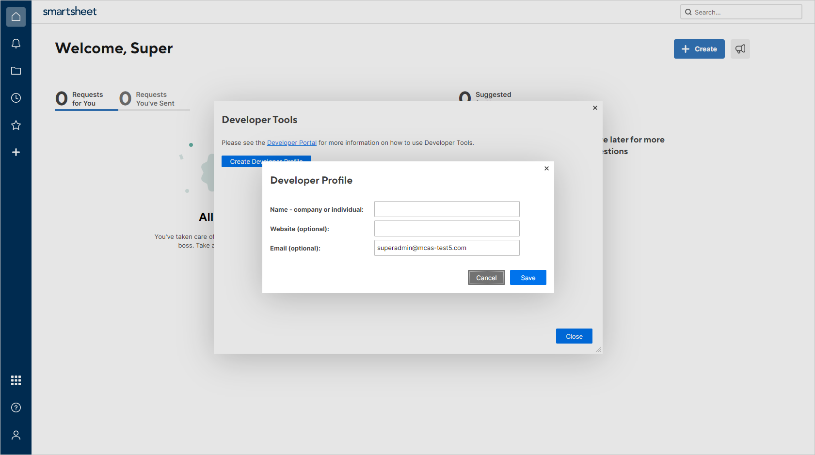 Screenshot of the Create Developer Profile form with fields for entering your name and email address.
