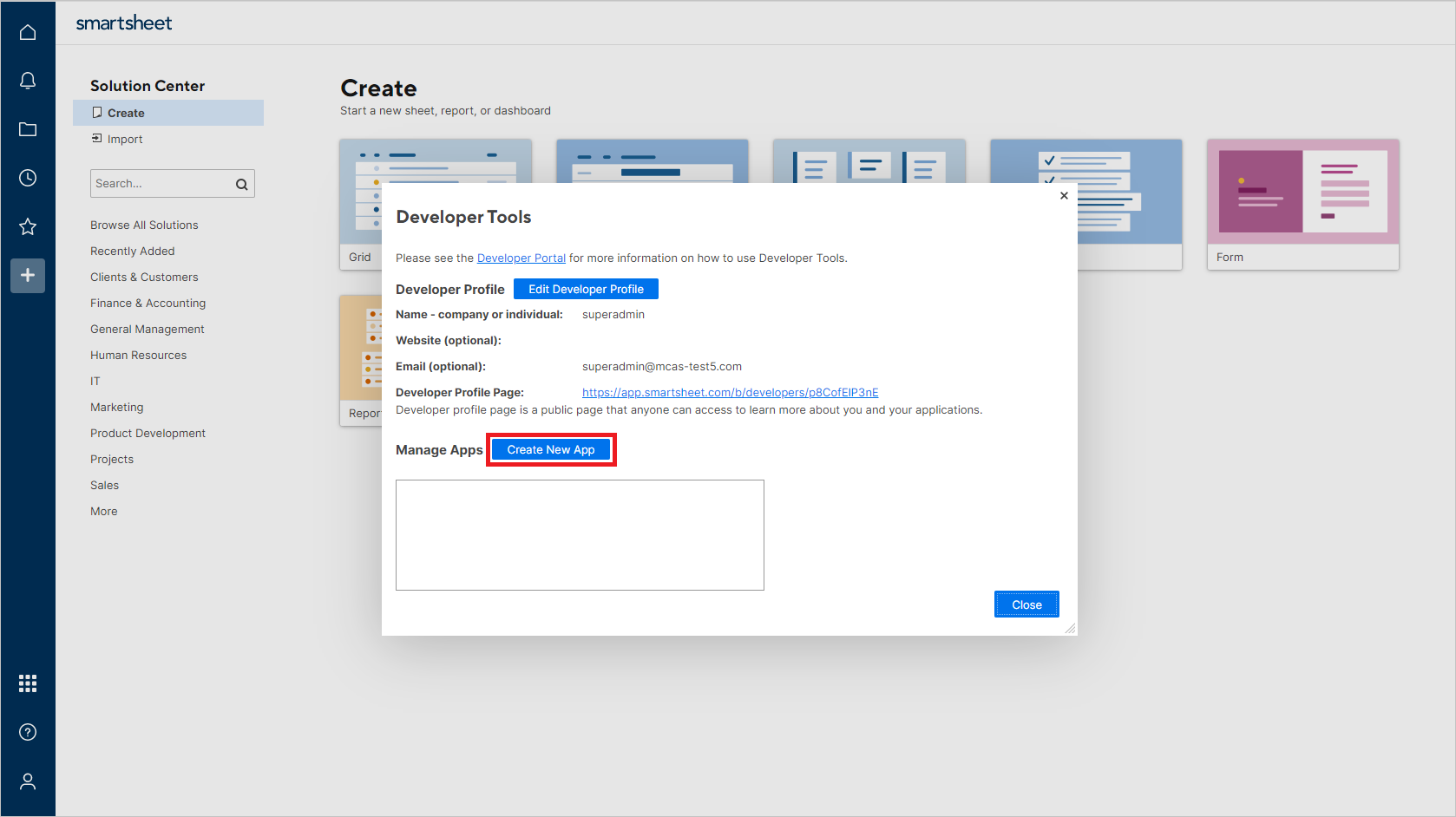 Screenshot of the Developer Tools page with the Create New App option.