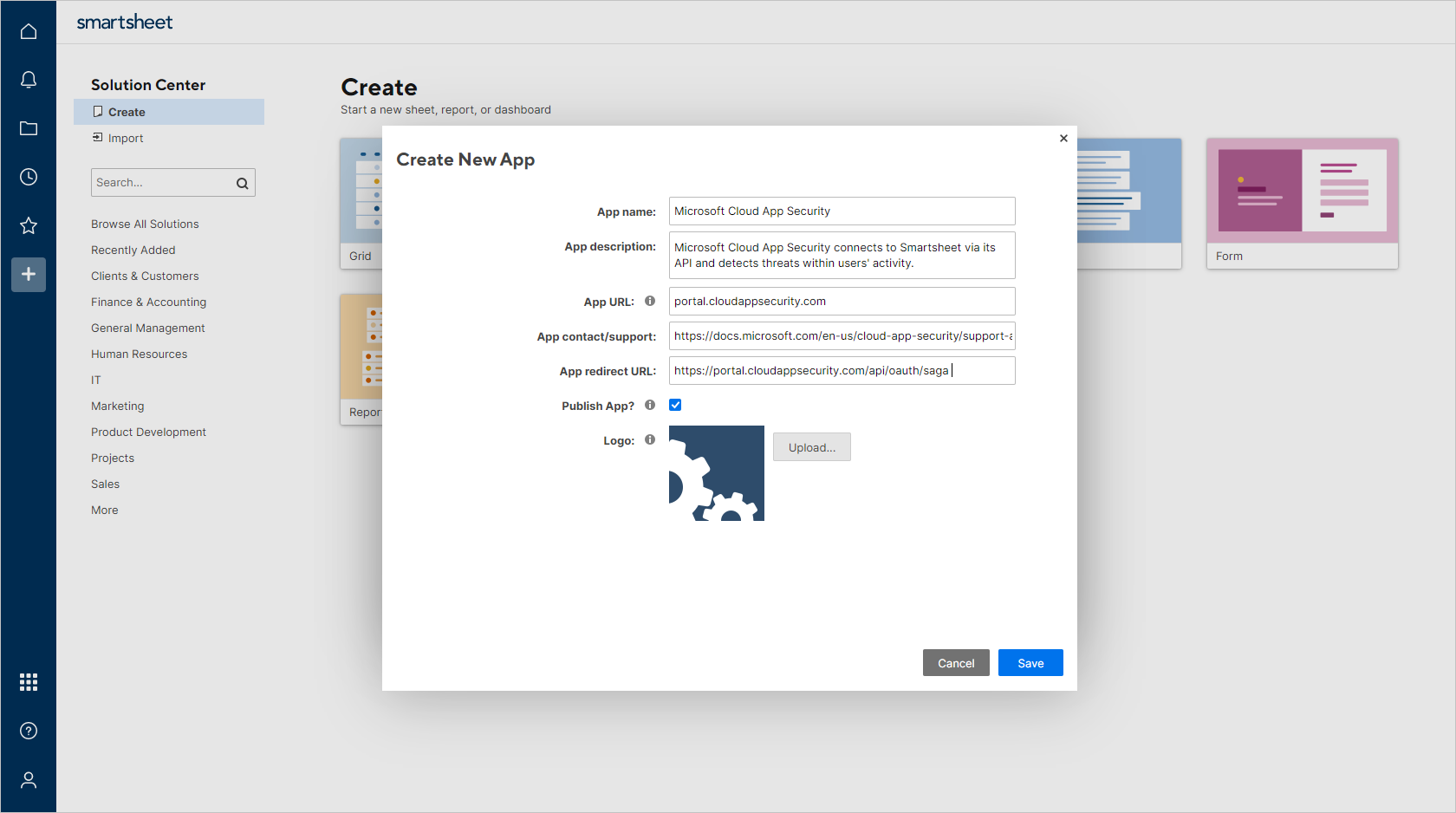 Screenshot of the Create New App dialog for entering OAuth app details such as app name, description, and redirect URL.