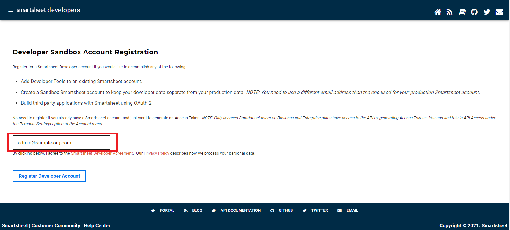 Screenshot of the Developer Sandbox Account Registration page with the email address text box for registering developer tools.