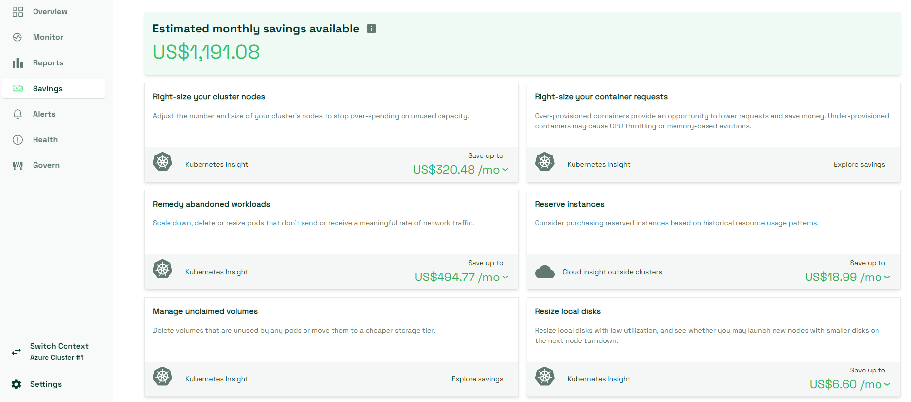 Screenshot of the overall savings recommendations in Kubecost dashboard
