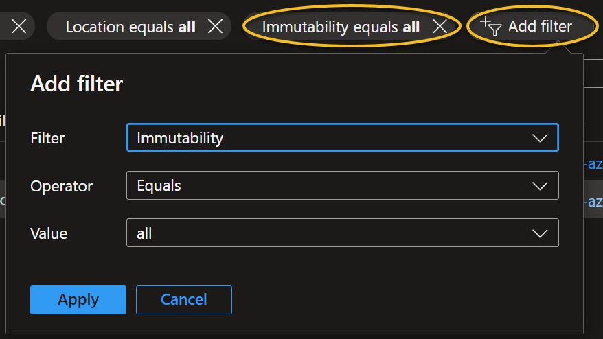Azure Portal - Filters - Immutability