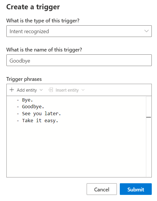 Create a trigger screen showing the Goodbye example