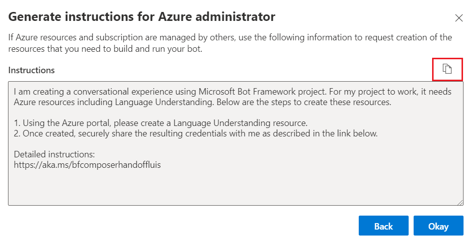 Generate Azure administrator instructions window