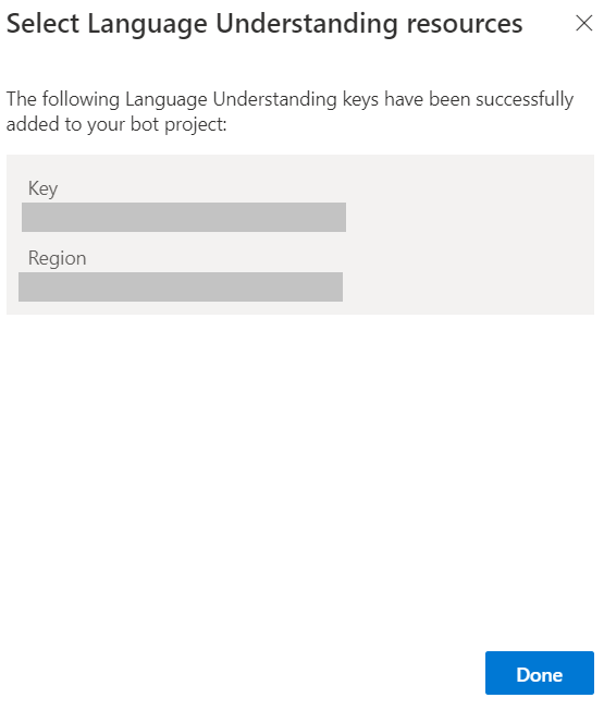 A message showing that your language understanding keys were successfully added