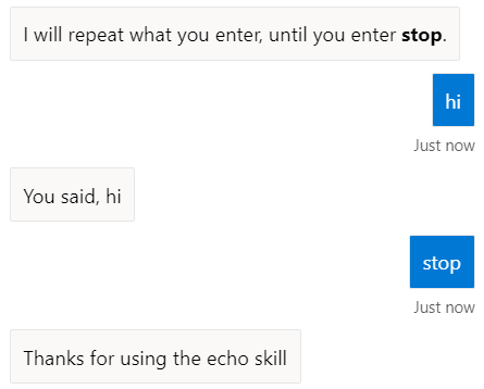 Enter 'stop' to get the echo skill to return control to the root bot.