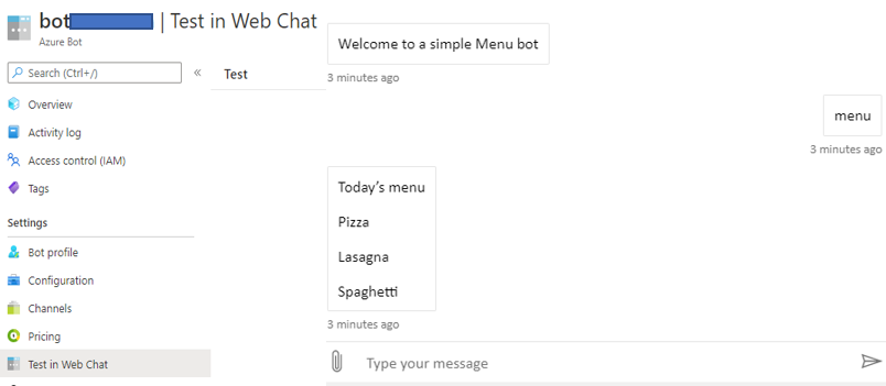 Screenshot of testing a bot via Web Chat in Azure.