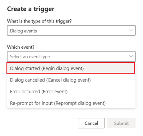 Selecting the begin dialog event