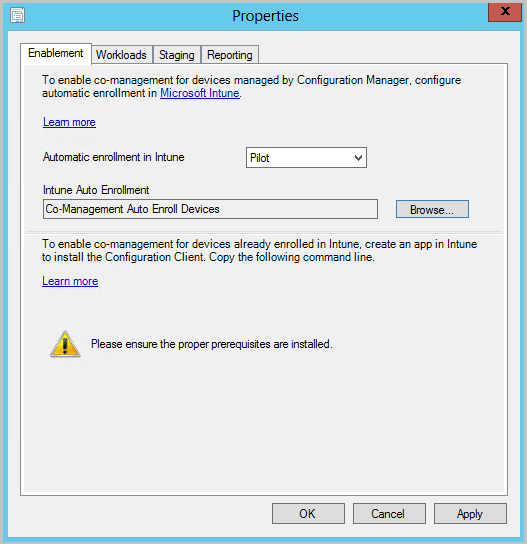 Co-management Enablement tab with Intune Auto Enrollment collection